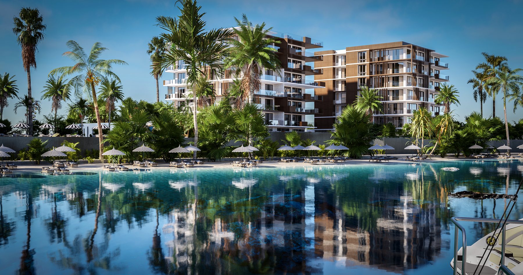 Marina Bay Dakar residence — pool, private beach and building view