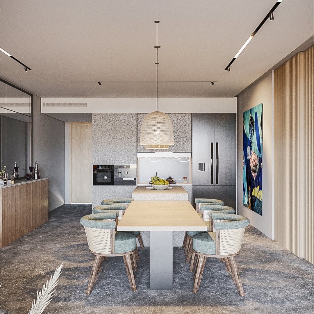 Contemporary dining room with artwork, designer and bright atmosphere