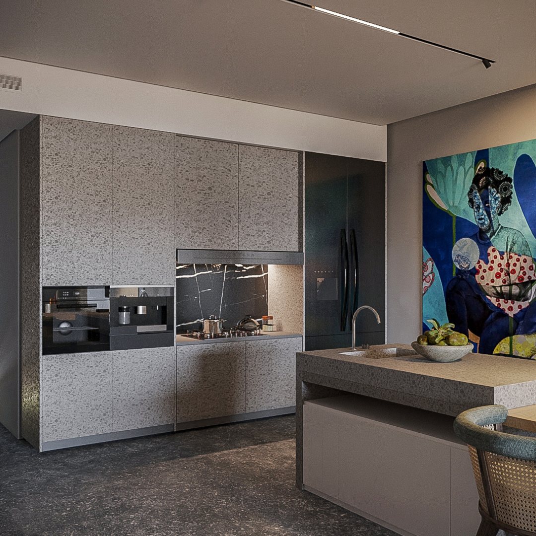 Contemporary kitchen with worktop and artwork