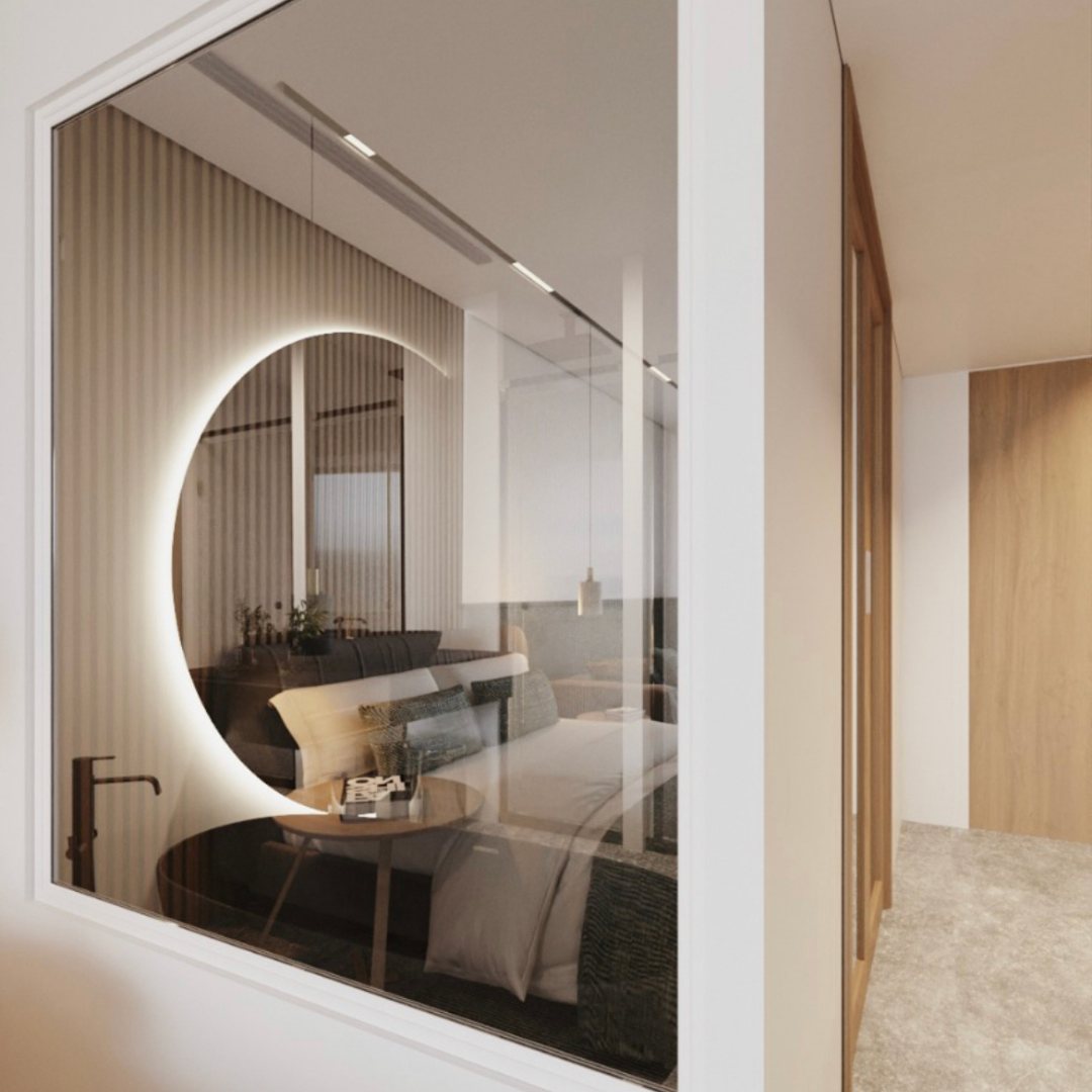 Marina City — contemporary bedroom with designer mirror, urban and modern atmosphere