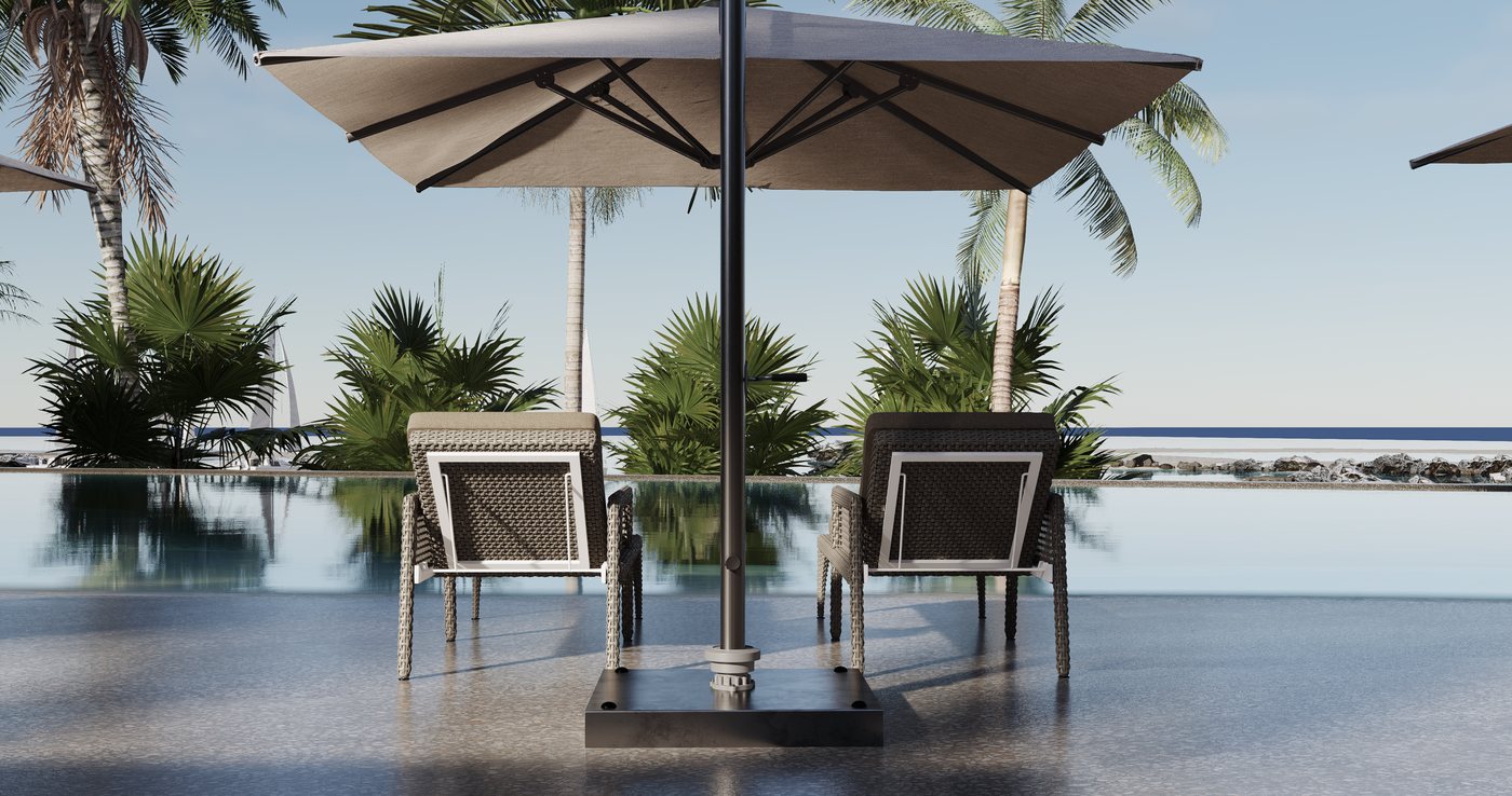 Pool, sunbed and parasol facing the bay