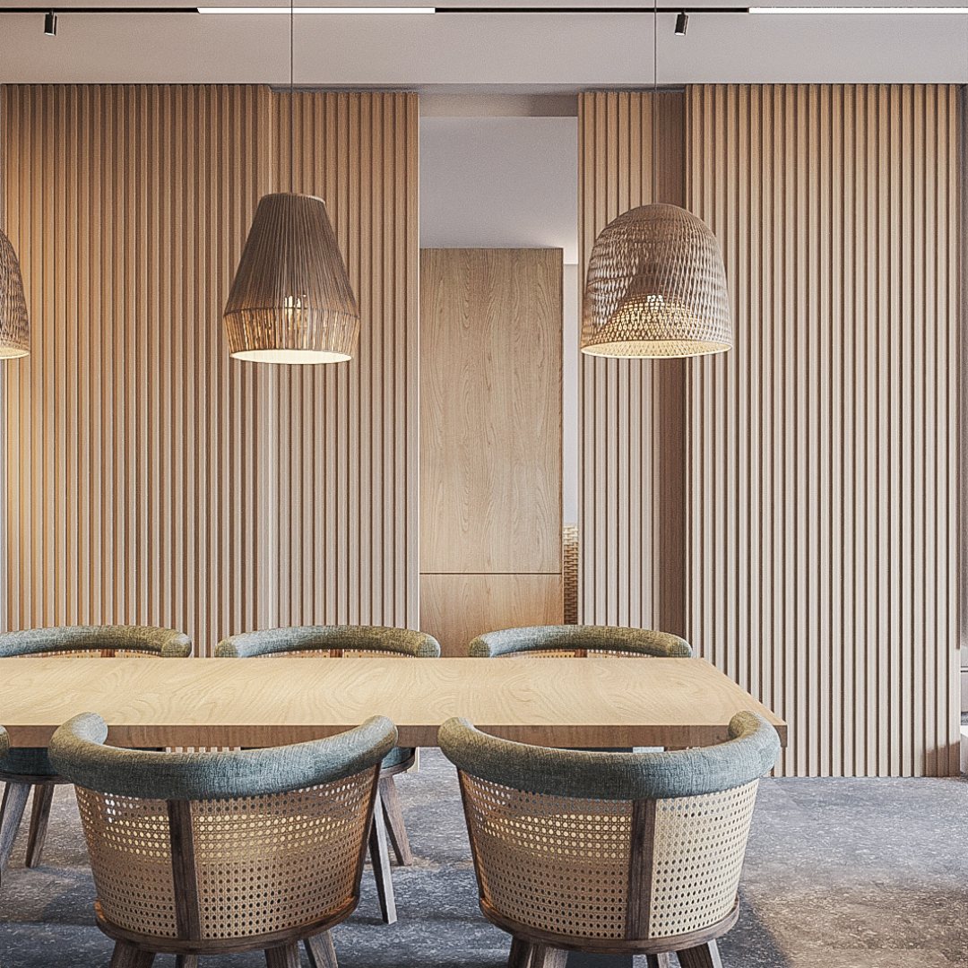 West Marina — chic dining room with cane chairs and pendant lights, contemporary residence style